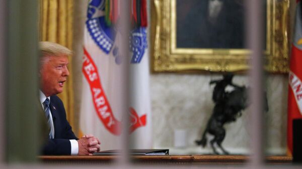Президент США Дональд Трамп во время прямой телевизионной трансляции о пандемии коронавируса COVID-19, Вашингтон Президент США Дональд Трамп во время прямой телевизионной трансляции о пандемии коронавируса COVID-19, Вашингтон