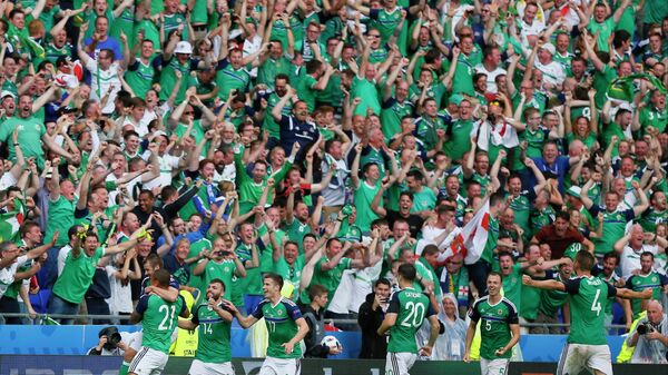 Футболисты и болельщики сборной Северной Ирландии радуются победе в матче ЕВРО-2016 против сборной Украины