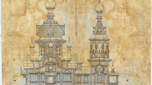 Рисунок бокового фасада деревянной церкви Сергия Радонежского возле дачной платформы Шереметевка Казанской железной дороги Рисунок бокового фасада деревянной церкви Сергия Радонежского возле дачной платформы Шереметевка Казанской железной дороги