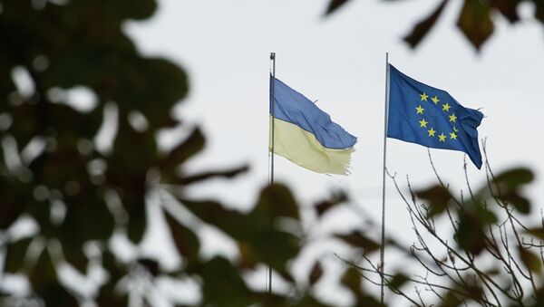 Флаги Украины и Европейского союза. Архивное фото Флаги Украины и Европейского союза. Архивное фото