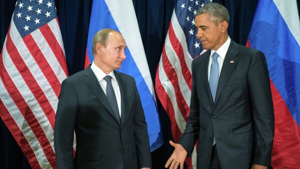 Президент России Владимир Путин и президент США Барак Обама во время встречи в рамках 70-й сессии Генеральной Ассамблеи ООН в Нью-Йорке Президент России Владимир Путин и президент США Барак Обама во время встречи в рамках 70-й сессии Генеральной Ассамблеи ООН в Нью-Йорке