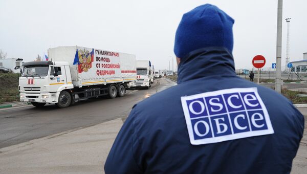 Сотрудник ОБСЕ (Организации по безопасности и сотрудничеству в Европе) наблюдает за колонной 50-го конвоя с гуманитарной помощью для жителей Донецкой и Луганской областей на пункте пропуска Донецк в Ростовской области. Архивное фото Сотрудник ОБСЕ (Организации по безопасности и сотрудничеству в Европе) наблюдает за колонной 50-го конвоя с гуманитарной помощью для жителей Донецкой и Луганской областей на пункте пропуска Донецк в Ростовской области. Архивное фото