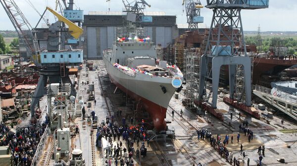 Спуск на воду фрегата Trikand на Прибалтийском судостроительном заводе Янтарь в Калининграде Спуск на воду фрегата Trikand на Прибалтийском судостроительном заводе Янтарь в Калининграде