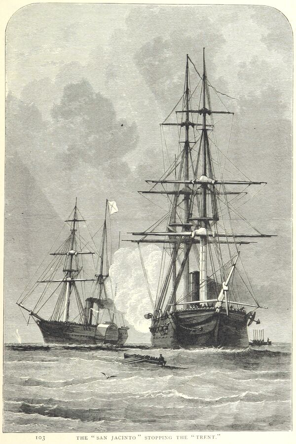 Корабль войск Союза USS San Jacinto и британское почтовое судно RMS Trent. 8 ноября 1861 года Корабль войск Союза USS San Jacinto и британское почтовое судно RMS Trent. 8 ноября 1861 года