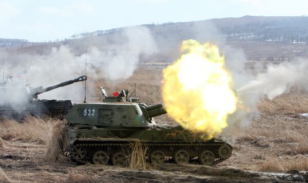 Самоходная артиллерийская установка 2С3 Акация на учениях артиллерийских подразделений Самоходная артиллерийская установка 2С3 Акация на учениях артиллерийских подразделений