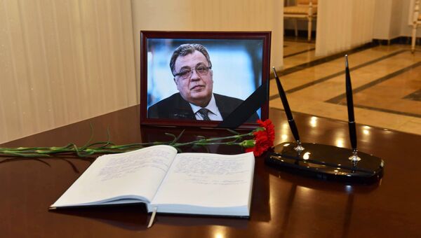 Книга соболезнований, открытая в связи с гибелью посла России в Турции Андрея Карлова. Архивное фото Книга соболезнований, открытая в связи с гибелью посла России в Турции Андрея Карлова. Архивное фото