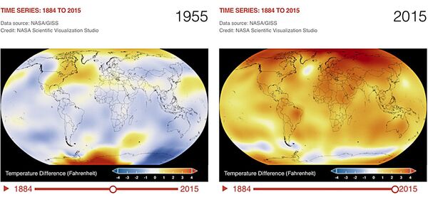 Иллюстрация изменения глобальной температуры планеты. 1955 и 2015 годы Иллюстрация изменения глобальной температуры планеты. 1955 и 2015 годы