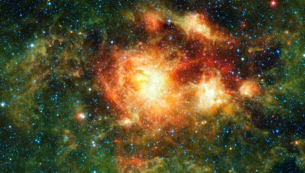 Фотография скопления звезд NGC 3603 сделанная инфракрасным космическим телескопом WISE Фотография скопления звезд NGC 3603 сделанная инфракрасным космическим телескопом WISE