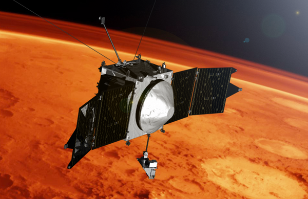 Марсианский зонд MAVEN на орбите красной планеты в представлении художника Марсианский зонд MAVEN на орбите красной планеты в представлении художника