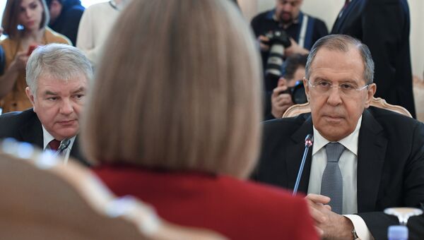 Министр иностранных дел Сергей Лавров во время встречи в Москве с высоким представителем ЕС по иностранным делам и политике безопасности Федерикой Могерини. 24 апреля 2017 Министр иностранных дел Сергей Лавров во время встречи в Москве с высоким представителем ЕС по иностранным делам и политике безопасности Федерикой Могерини. 24 апреля 2017