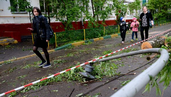 Поваленный ураганом фонарный столб во дворе жилого дома в Москве. Архивное фото Поваленный ураганом фонарный столб во дворе жилого дома в Москве. Архивное фото