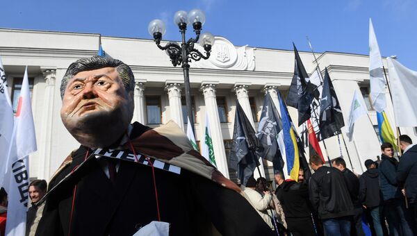 Участник акции протеста у здания Верховной рады в маске президента Украины Петра Порошенко Участник акции протеста у здания Верховной рады в маске президента Украины Петра Порошенко
