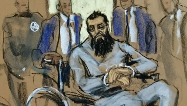 Подозреваемый в совершении теракта в Нью-Йорке Сейфулло Саипов на рисунке из зала суда. 1 ноября 2017 Подозреваемый в совершении теракта в Нью-Йорке Сейфулло Саипов на рисунке из зала суда. 1 ноября 2017