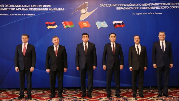 Председатель правительства РФ Дмитрий Медведев во время совместного фотографирования глав делегаций Евразийского межправительственного совета Председатель правительства РФ Дмитрий Медведев во время совместного фотографирования глав делегаций Евразийского межправительственного совета