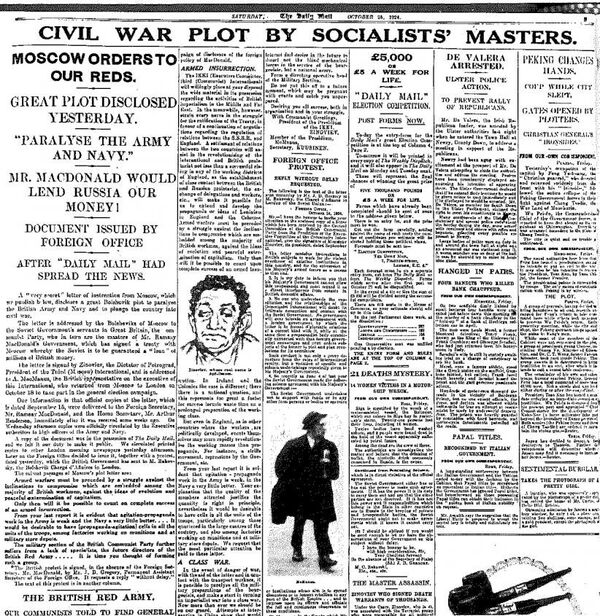 Страница газеты Daily Mail за 25 сентября 1924 года, с посланием в ЦК Компартии Великобритании, якобы подписанное председателем III Интернационала Григорием Зиновьевым Страница газеты Daily Mail за 25 сентября 1924 года, с посланием в ЦК Компартии Великобритании, якобы подписанное председателем III Интернационала Григорием Зиновьевым