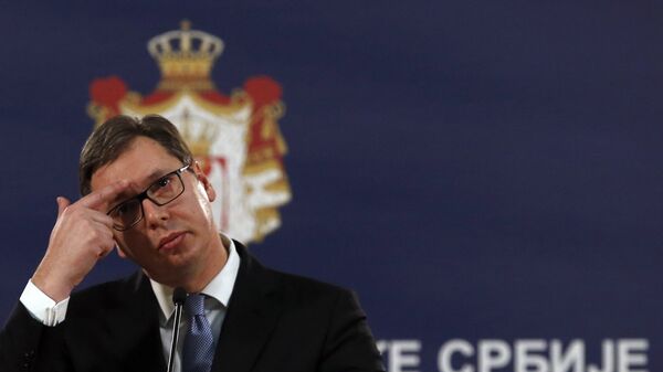 Президент Сербии Александр Вучич во время пресс-конференции после смерти косовского сербского политика Оливера Ивановича. 16 января 2018 Президент Сербии Александр Вучич во время пресс-конференции после смерти косовского сербского политика Оливера Ивановича. 16 января 2018