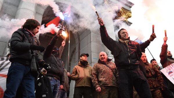 Участники антироссийской акции радикалов в Киеве. 18 февраля 2018 Участники антироссийской акции радикалов в Киеве. 18 февраля 2018