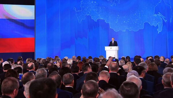 Владимир Путин выступает с ежегодным посланием Федеральному Собранию в ЦВЗ Манеж. 1 марта 2018 Владимир Путин выступает с ежегодным посланием Федеральному Собранию в ЦВЗ Манеж. 1 марта 2018
