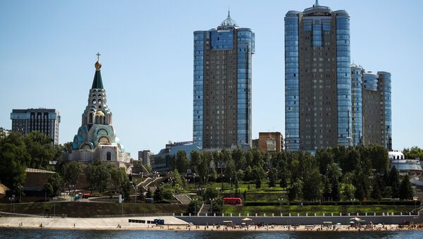 Вид на Самару с реки Волга. Архивное фото Вид на Самару с реки Волга. Архивное фото