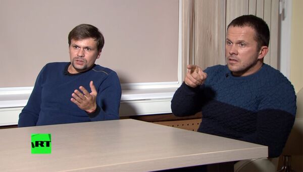 Россияне Руслан Боширов и Александр Петров во время интервью главному редактору телеканала RT и МИА Россия сегодня Маргарите Симоньян. 13 сентября 2018 Россияне Руслан Боширов и Александр Петров во время интервью главному редактору телеканала RT и МИА Россия сегодня Маргарите Симоньян. 13 сентября 2018