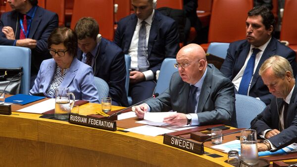 Постоянный представитель РФ при Организации Объединённых Наций Василий Небензя выступает на заседании Совета безопасности ООН о ситуации в Сирии. 18 сентября 2018 Постоянный представитель РФ при Организации Объединённых Наций Василий Небензя выступает на заседании Совета безопасности ООН о ситуации в Сирии. 18 сентября 2018