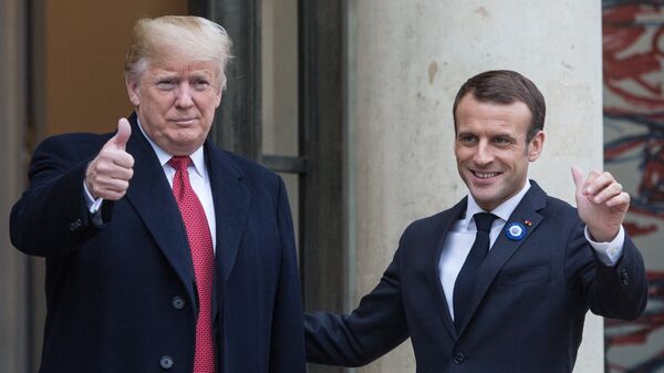 Президент Франции Эммануэль Макрон принимает президента США Дональда Трампа в Елисейском дворце в Париже. 10 ноября 2018 Президент Франции Эммануэль Макрон принимает президента США Дональда Трампа в Елисейском дворце в Париже. 10 ноября 2018