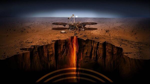 Иллюстрация спускаемого модуля InSight на Марсе Иллюстрация спускаемого модуля InSight на Марсе