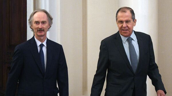 Министр иностранных дел России Сергей Лавров и специальный посланник генерального секретаря ООН по Сирии Гейр Педерсен во время встречи в Москве. 21 января 2019 Министр иностранных дел России Сергей Лавров и специальный посланник генерального секретаря ООН по Сирии Гейр Педерсен во время встречи в Москве. 21 января 2019