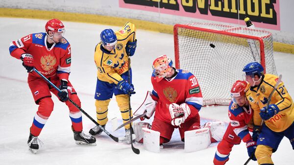 Игровой момент матча сборных России и Швеции