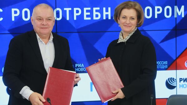 Дмитрий Киселев и Анна Попова на пресс-конференции, посвященной запуску совместного проекта МИА Россия сегодня и Роспотребнадзора Выбери с Роспотребнадзором. 6 марта 2019 Дмитрий Киселев и Анна Попова на пресс-конференции, посвященной запуску совместного проекта МИА Россия сегодня и Роспотребнадзора Выбери с Роспотребнадзором. 6 марта 2019