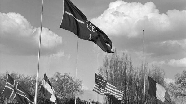 Флаги стран — участниц НАТО в пригороде Парижа Рокенкуре, 1967 год Флаги стран — участниц НАТО в пригороде Парижа Рокенкуре, 1967 год