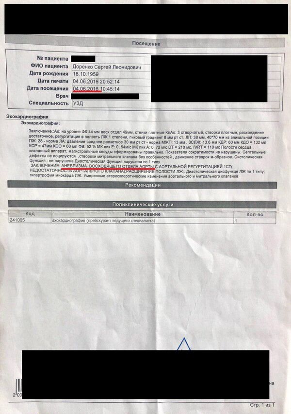 Медицинский отчет о состоянии здоровья Сергея Доренко на 4 мая 2016 года
Медицинский отчет о состоянии здоровья Сергея Доренко на 4 мая 2016 года