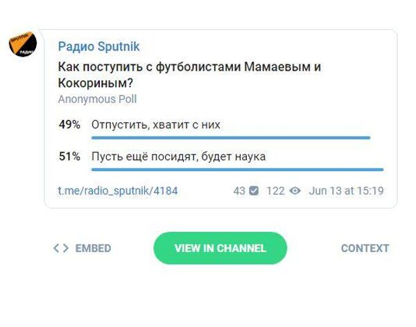 Опрос о деле футболистов Кокорина и Мамаева. Скриншот из Telegram-канала радио Sputnik. Опрос о деле футболистов Кокорина и Мамаева. Скриншот из Telegram-канала радио Sputnik.