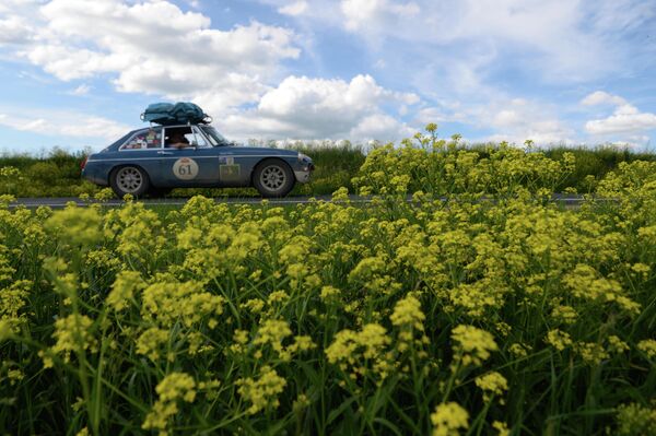 Участники международного ралли на старинных автомобилях Пекин - Париж 2019 на автомобиле MGB GT (1972 г.) на автомобильной дороге в Алтайском крае Участники международного ралли на старинных автомобилях Пекин - Париж 2019 на автомобиле MGB GT (1972 г.) на автомобильной дороге в Алтайском крае