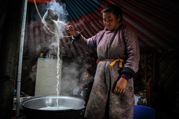 Женщина кипятит молоко в Монголии 