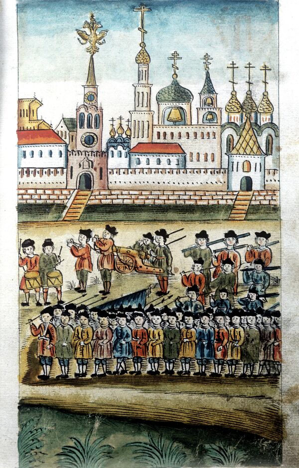 Житие Петра Великого. Мост. Стрельцы идут в Кремль. 1682 год Житие Петра Великого. Мост. Стрельцы идут в Кремль. 1682 год