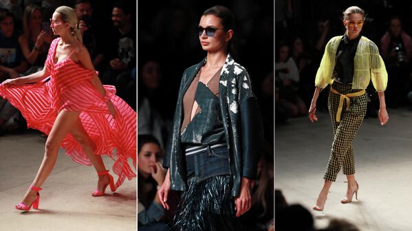 Модели демонстрирует одежду из коллекции Julia Dalakian на площадке Mercedes-Benz Fashion Week Russia в Центральном выставочном зале Манеж в Москве Модели демонстрирует одежду из коллекции Julia Dalakian на площадке Mercedes-Benz Fashion Week Russia в Центральном выставочном зале Манеж в Москве