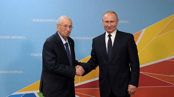 Президент РФ Владимир Путин и глава государства Алжирской Народной Демократической Республики Абделькадер Бенсалах во время встречи на полях саммита Россия - Африка. 24 октября 2019 Президент РФ Владимир Путин и глава государства Алжирской Народной Демократической Республики Абделькадер Бенсалах во время встречи на полях саммита Россия - Африка. 24 октября 2019