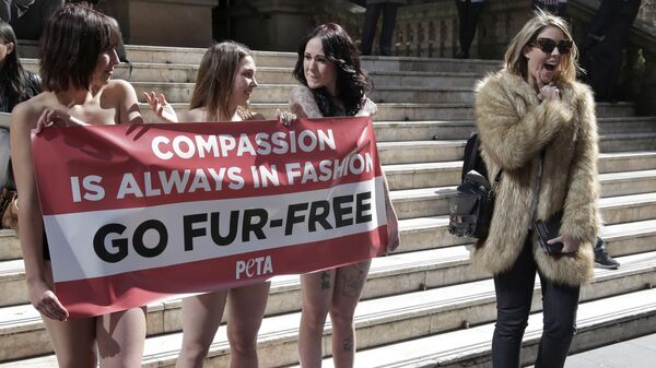 Участницы организации по защите прав животных PETA во время акции протеста против использования меха в индустрии моды в Сиднее, Австралия Участницы организации по защите прав животных PETA во время акции протеста против использования меха в индустрии моды в Сиднее, Австралия