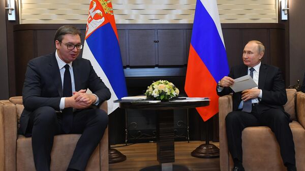 Президент РФ Владимир Путин и президент Сербии Александр Вучич во время встречи Президент РФ Владимир Путин и президент Сербии Александр Вучич во время встречи