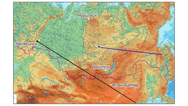 Карта с траекториями пролетов Тунгусского (синий цвет) и Челябинского (черный цвет) болидов над поверхностью Земли Карта с траекториями пролетов Тунгусского (синий цвет) и Челябинского (черный цвет) болидов над поверхностью Земли