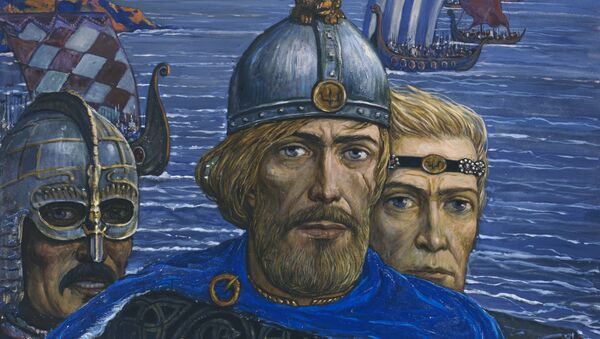 Центральная часть триптиха Внуки Гостомысла: Рюрик, Трувор, Синеус. Художник Илья Сергеевич Глазунов. 1986 год. Центральная часть триптиха Внуки Гостомысла: Рюрик, Трувор, Синеус. Художник Илья Сергеевич Глазунов. 1986 год.