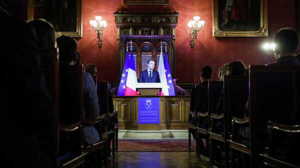 Президент Франции Эммануэль Макрон во время выступления в Ягеллонском университете в Кракове. 4 февраля 2020 Президент Франции Эммануэль Макрон во время выступления в Ягеллонском университете в Кракове. 4 февраля 2020