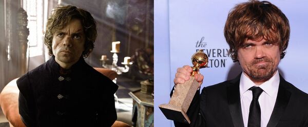 Кадр из сериала Игра престолов. Тирион Ланнистер/ Актер Питер Динклэйдж с наградой Золотой глобус Кадр из сериала Игра престолов. Тирион Ланнистер/ Актер Питер Динклэйдж с наградой Золотой глобус