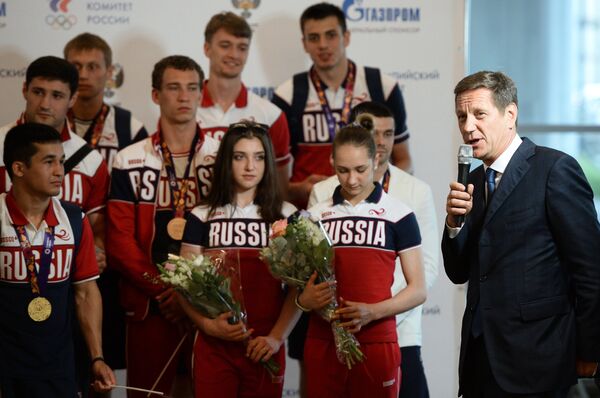 Первый заместитель председателя Государственной Думы Федерального Собрания РФ, президент Олимпийского комитета России Александр Жуков на торжественной церемонии встречи сборной России, прибывшей с I Европейских игр Первый заместитель председателя Государственной Думы Федерального Собрания РФ, президент Олимпийского комитета России Александр Жуков на торжественной церемонии встречи сборной России, прибывшей с I Европейских игр